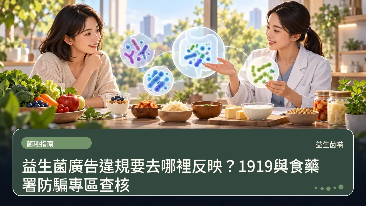 益生菌廣告違規要去哪裡反映?1919與食藥署防騙專區查核主題插畫
