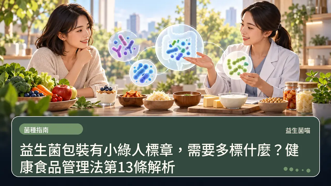 益生菌包裝有小綠人標章,需要多標什麼?健康食品管理法第13條解析主題插畫