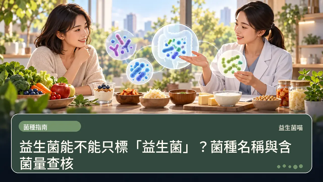 益生菌能不能只標「益生菌」？菌種名稱與含菌量查核主題插畫