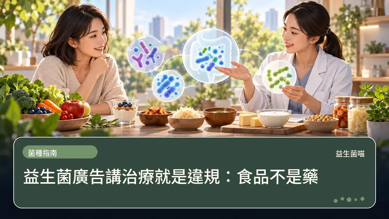 益生菌廣告講治療就是違規：食品不是藥主題插畫