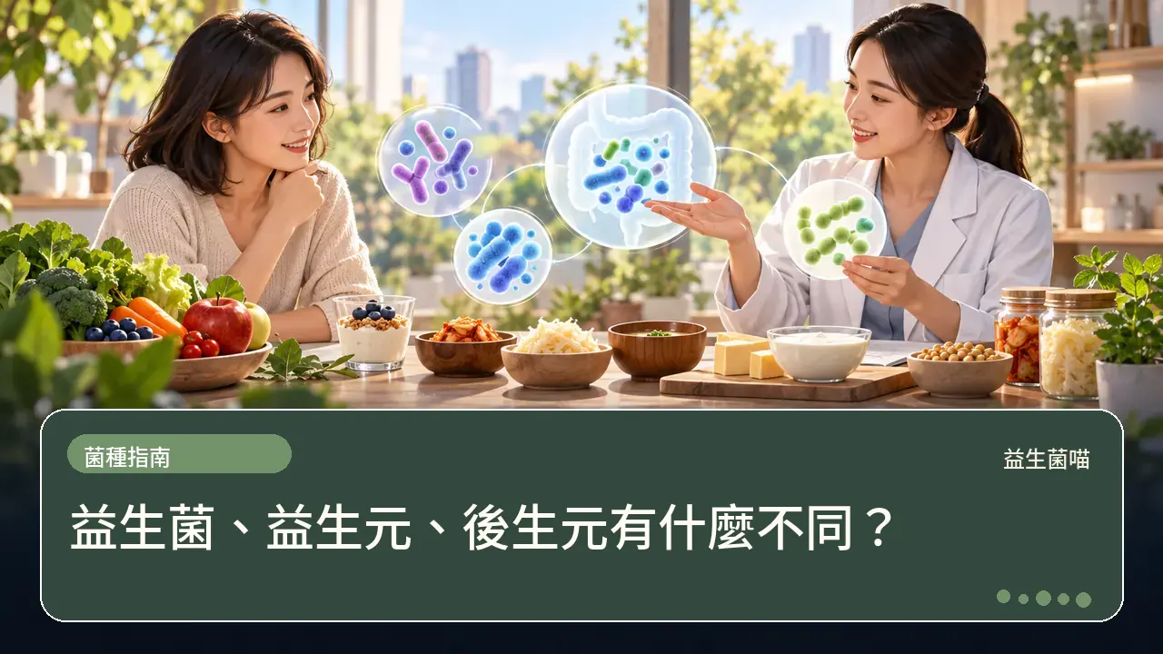 益生菌、益生元、後生元有什麼不同？主題插畫